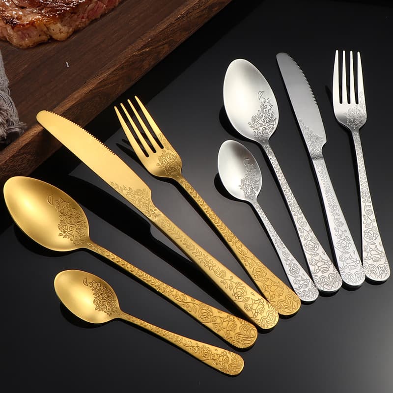 304 Stainless Steel Cutlery 1010 Embossed Rose Knife Fork Spoon 4-Piece Set Hotel Vintage Western Steak Knife and Fork