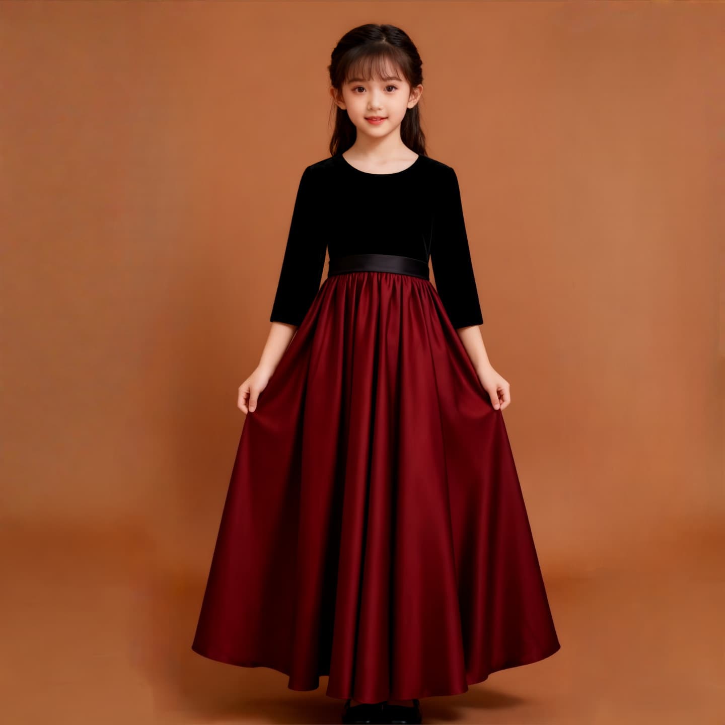 Girls' Choir Formal Dress Princess Gown Long Sleeve Black and Red Color Block Cinched Waist Full Skirt Tulle Dress Piano Performance Costume
