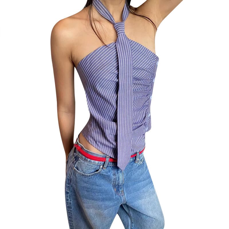Sexy Backless Slim Fit Summer Strapless Blue Striped Vest Irregular Stripe Tie Backless Top Short Length Polyester Fabric