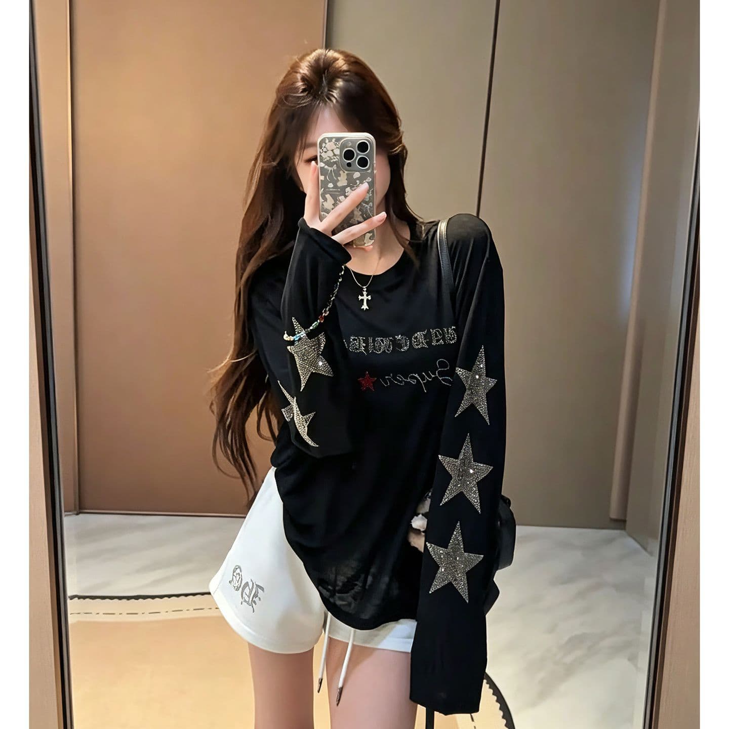 Korean-style Casual Rhinestone Star Letter Long-Sleeve T-Shirt for Women, Lightweight Sheer Sun Protection Top, Sweet Cool Trendy Loose Fit