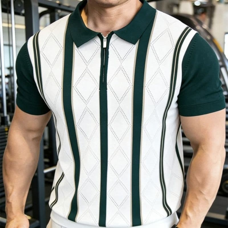 Green Striped Turn-Down Collar Knit Sweater for Men, New Summer Korean Style Relaxed Fashion Loose Versatile Short Sleeve