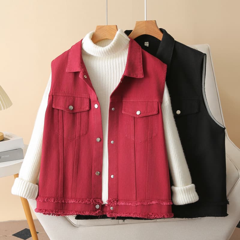 Plus Size Women's Korean Loose Fit Washed Cotton Retro Vest with Fringed Hem Q8276