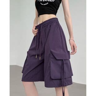 Purple Cargo Shorts for Women Summer High-Waist American Casual Sports Shorts Petite Quick-Dry Loose Fit 5-Inch Shorts