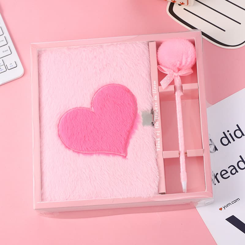 Lockable Plush Notebook Heart-Shaped with Pen Set Diary Kids Dreamy Secret Writing Privacy Journal