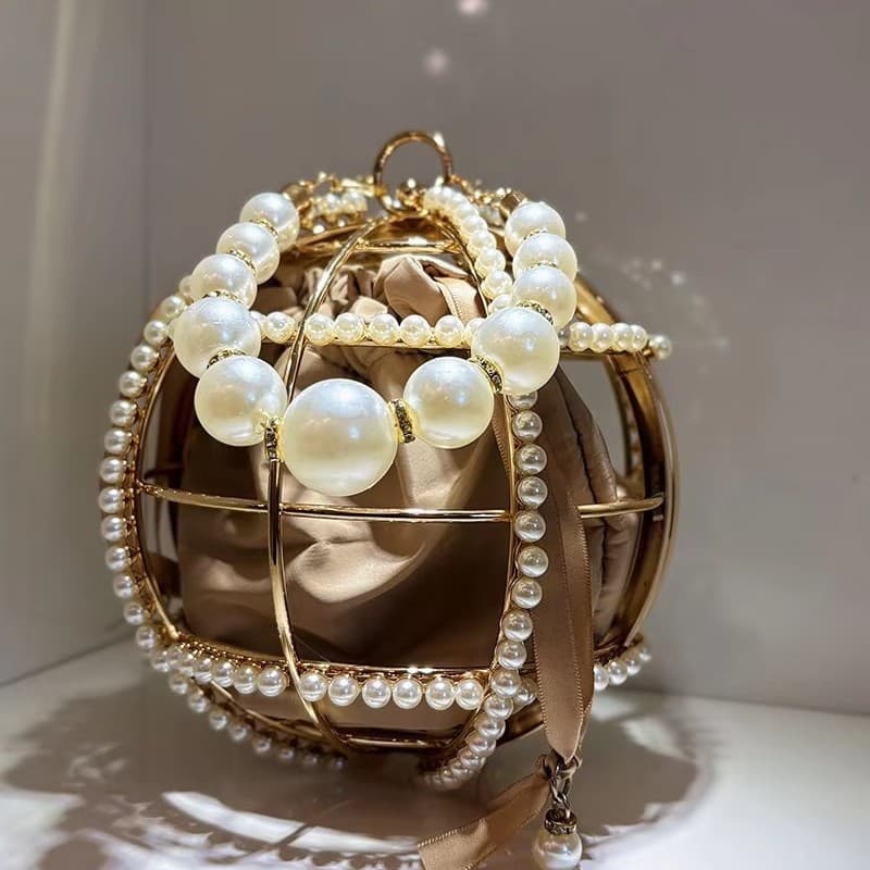 Holy Heron Cross-border Pearl Birdcage Handmade Hollow Spherical Women's Pearl Handbag Evening Bag