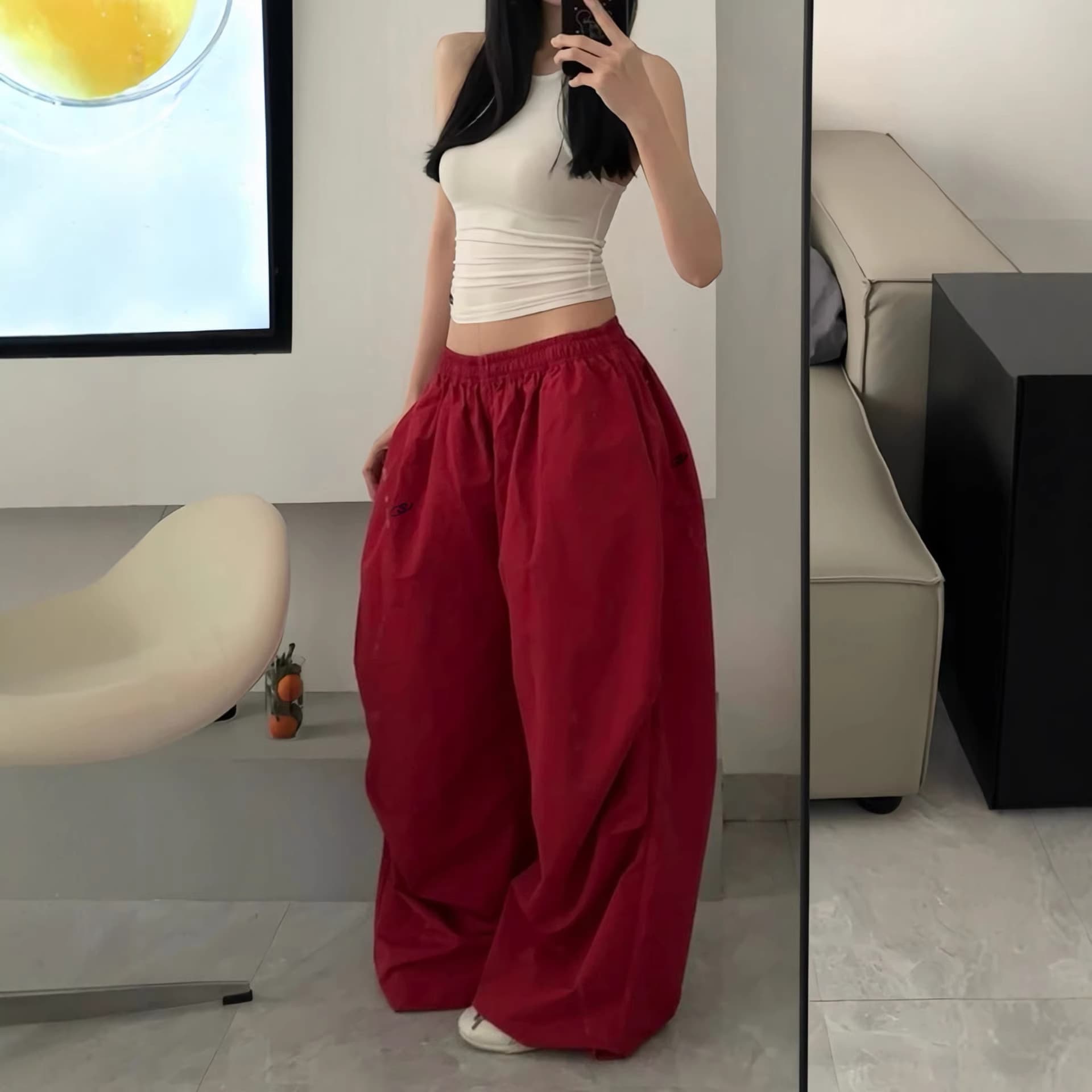AGuuY American Vintage Burgundy Quick-Dry Wide-Leg Pants for Women, Elastic Waist with Drawstring, Loose Fit Sportswear