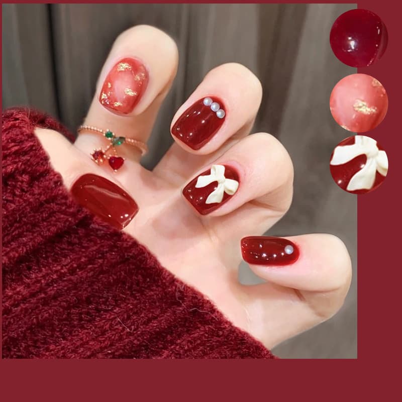 Wearable Nails Wine Red Shiny Pre-made Detachable New Year Festive Red Manicure Gold Glitter Patches Bride New Style Wearable Nails
