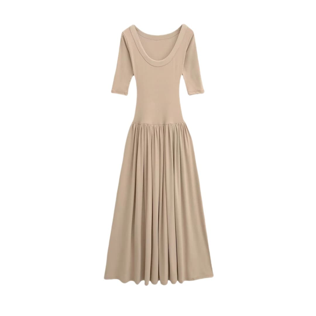 European and American Style Ballet Deep U-Neck Medium Sleeve Dress for Women, Designed with Seamed Pleats, Fitted Bodice, and Full-Length Flared Skirt