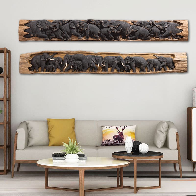 Thai Elephant Wood Carving Wall Hanging Decoration for Living Room, Entryway, TV Background Wall