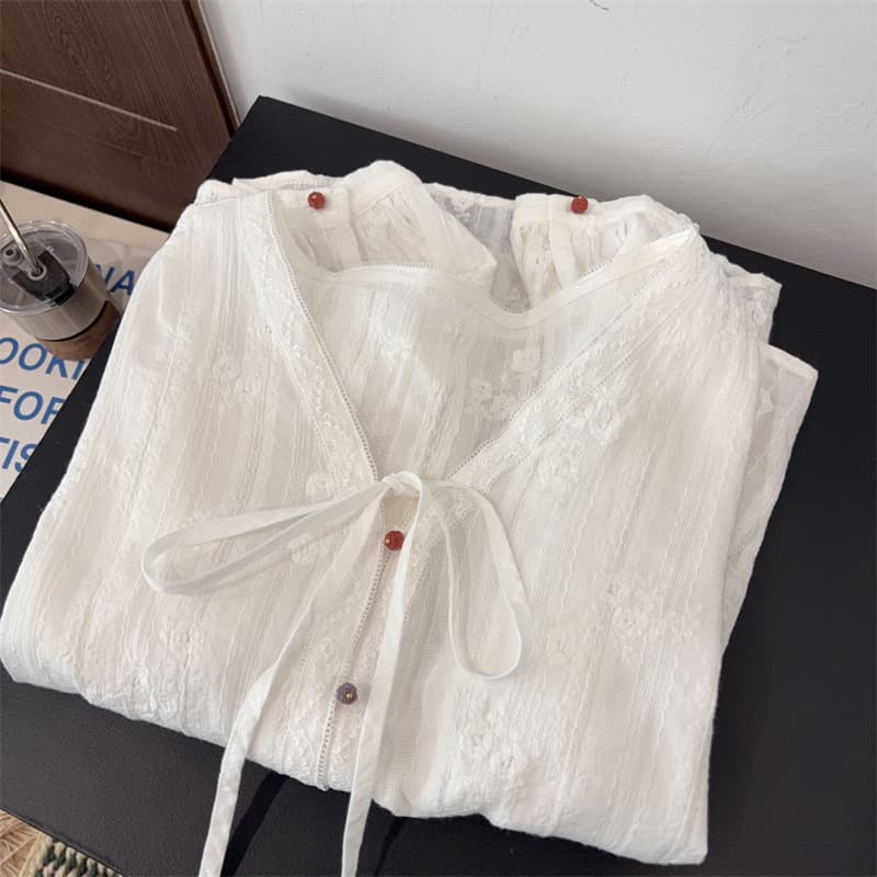 2026 New Korean Style Fashion Tie-front V-neck Lace Blouse for Women Loose Fit Slimming Versatile Top