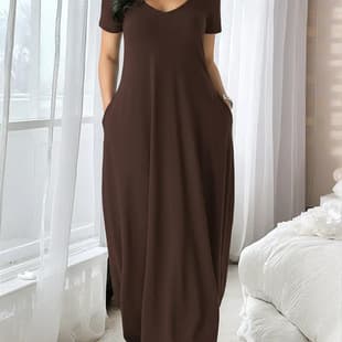 2026 Summer European and American New Style Dress Amazon Plus Size Women's Clothing Solid Color Loose V-Neck Short Sleeve Long Dress with Pockets