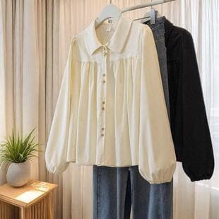Plus Size Women's Solid Color Long Sleeve Shirt Spring Autumn French Fat mm Loose Slimming Versatile Peter Pan Collar Top Age Reducing