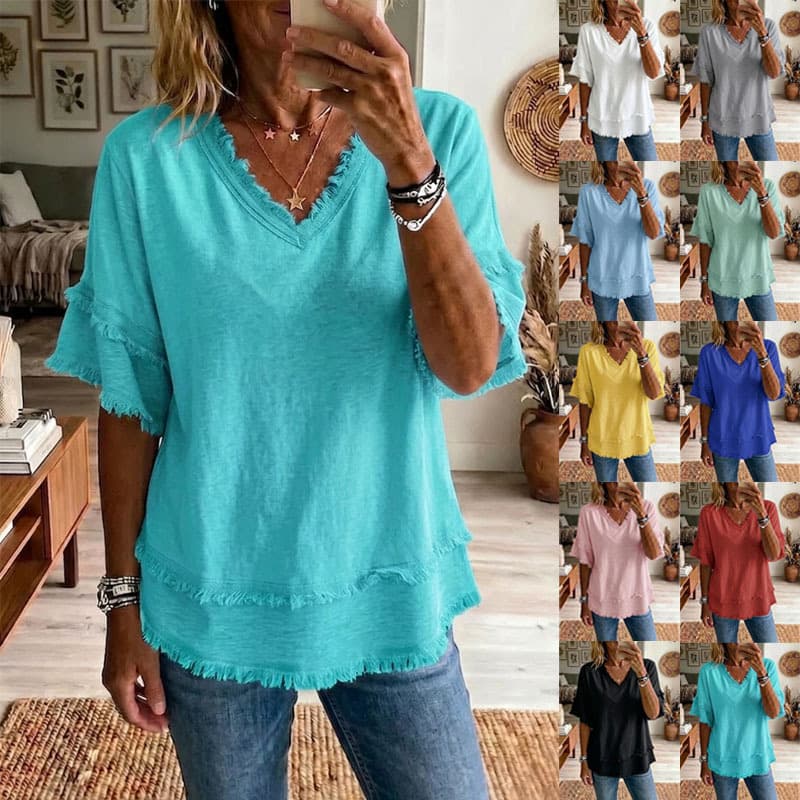 Bohemian Solid Color Fringed Tassel Top, V-Neck Flared Mid-Sleeve Loose Fit Body-Covering T-Shirt