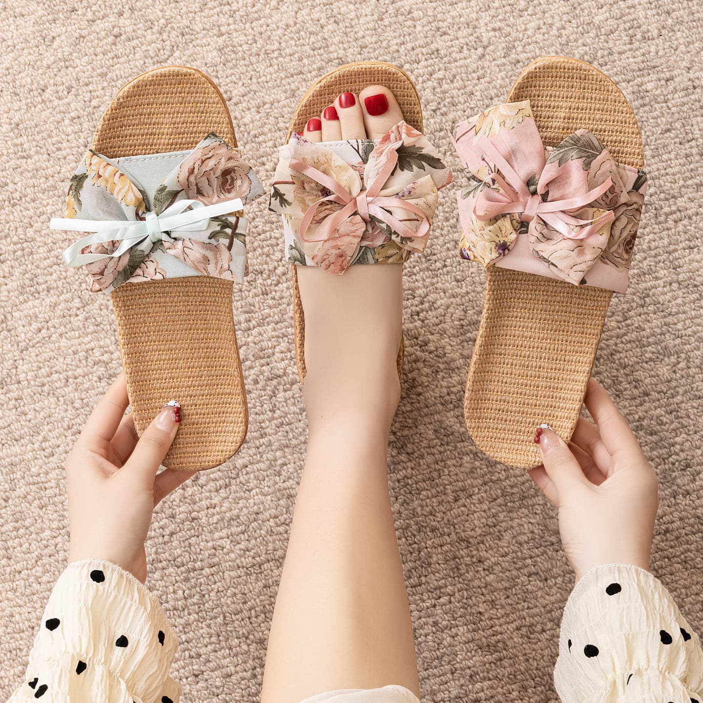 New Spring/Summer Thick Sole Home Slippers, Soft Indoor Breathable Linen Sandals with Floral Pattern, Women's Linen Slippers