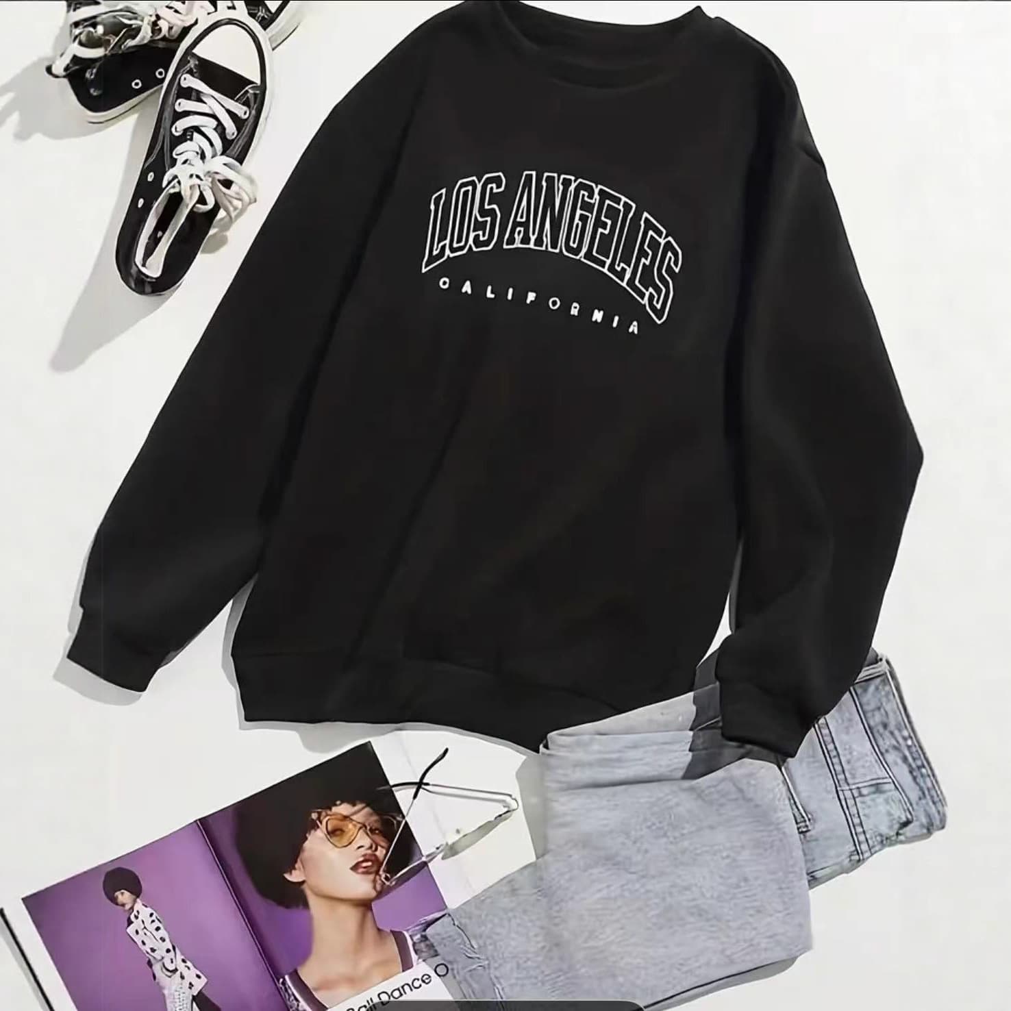 American Retro Letter Print Mid-Length Casual Round Neck Sweatshirt Jacket Loose Versatile Long Sleeve Top for Women Autumn Winter