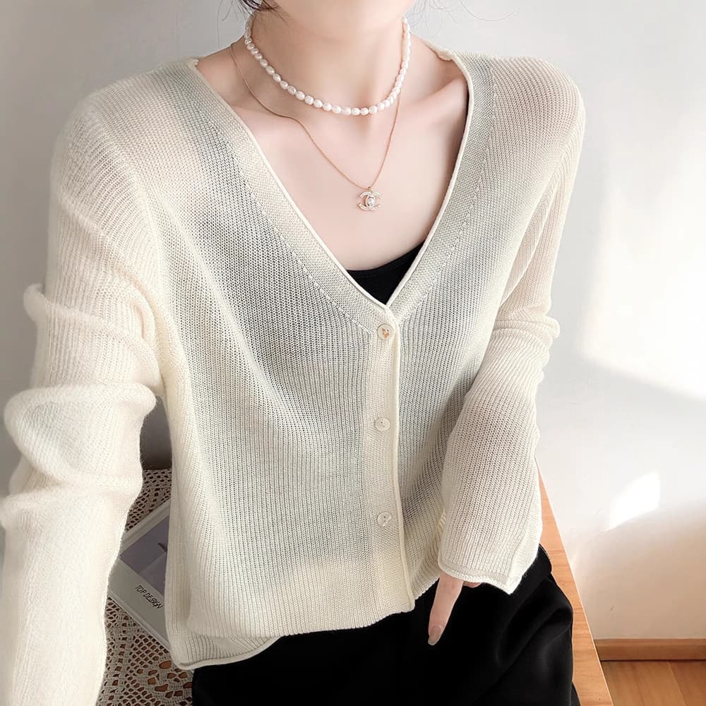 V-Neck Ice Silk Knit Cardigan for Women, Spring and Summer Thin Rolled Hem Long Sleeve Sun Protection Open Front Top, Air Conditioning Jacket
