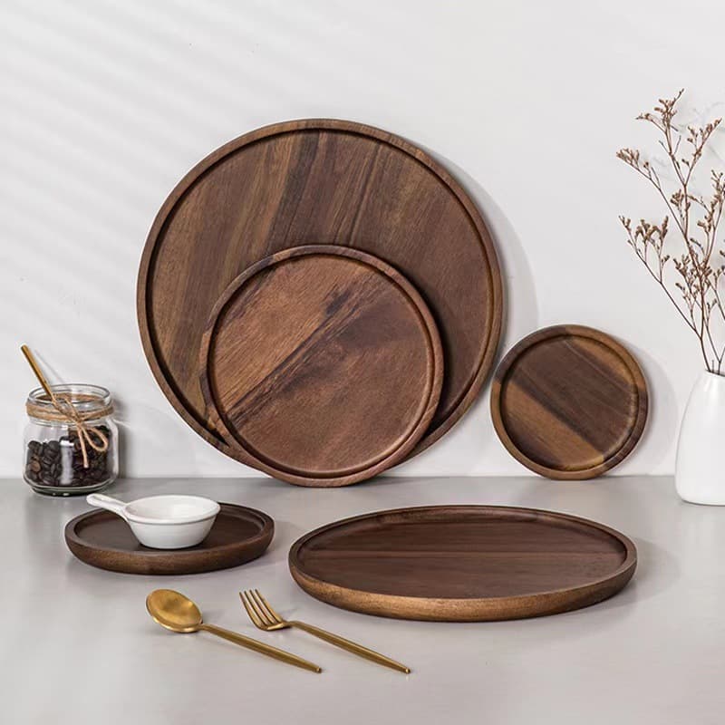 Japanese Acacia Wood Tray, Tea Tray, Snack Plate, Round Storage, Home Use for Tea Cups, Tea Serving, Fruit Plate, Wooden Plate