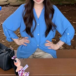 2026 Summer New Versatile Relaxed Fit Slimming V-Neck Thin Long Sleeve Blouse Korean Style