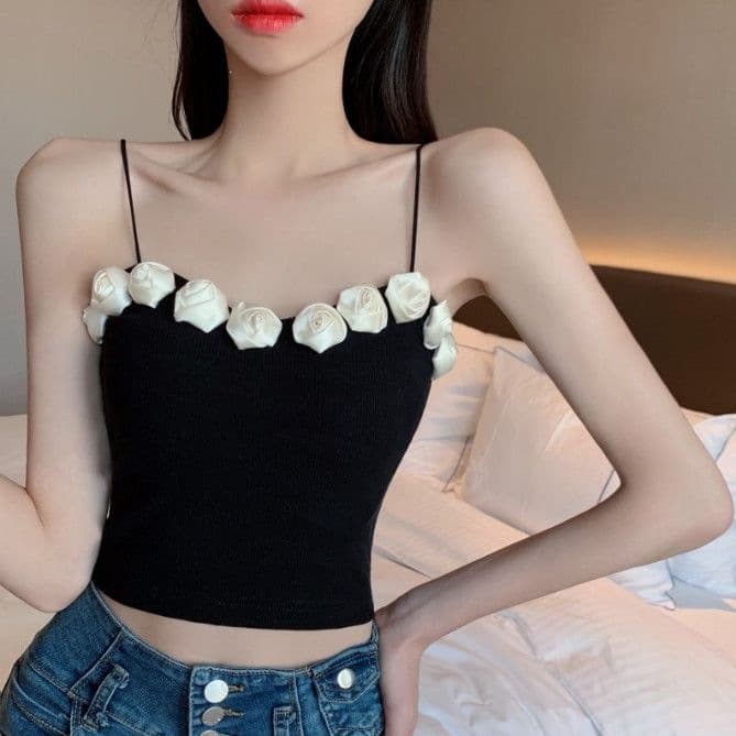Three-dimensional rose camisole women's summer French style pure desire tight sexy outer wear with short bottoming top