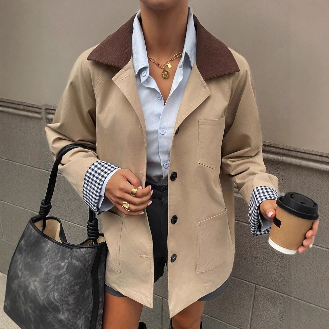 European and American Women's Casual Elegant Contrast Pocket Trench Coat Jacket for Amazon Cross-Border E-commerce