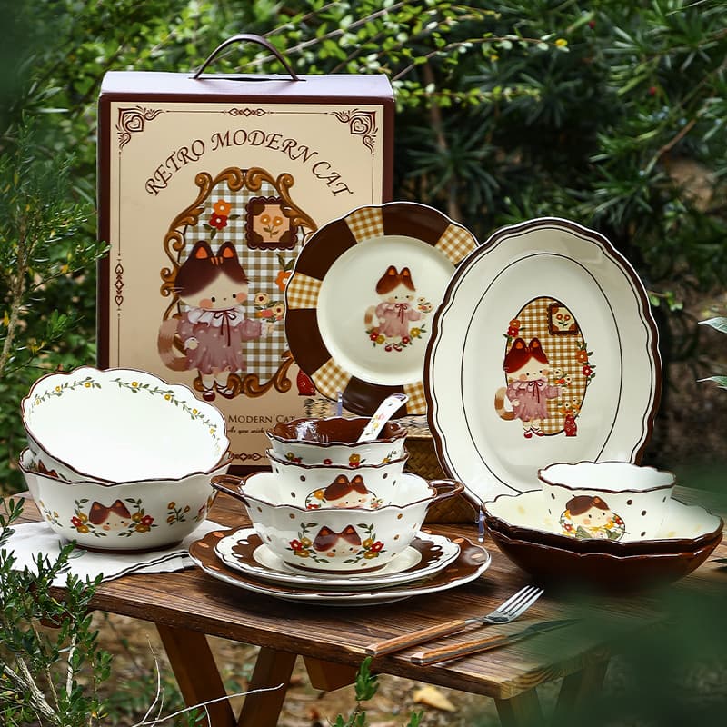 Original Retro Cat-themed Ins-style Bowl and Dish Set for Home Use, Creative Cute High-Aesthetic Tableware Combination for Gifting