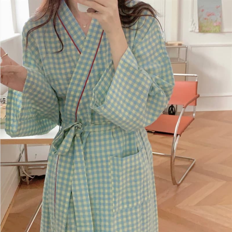 Korean Ins Women's Autumn New Korean Style Plaid Cute Bathrobe Long Kimono Sleepwear Loungewear