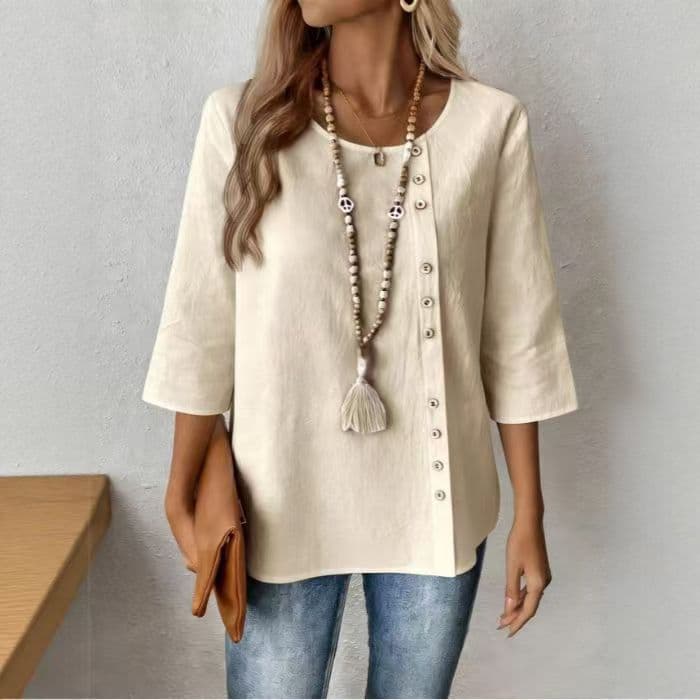 Southeast Asia Cross-Border Loose Plus Size Cotton Linen Top for Women Solid Color 3/4 Sleeve European and American Round Neck T-Shirt