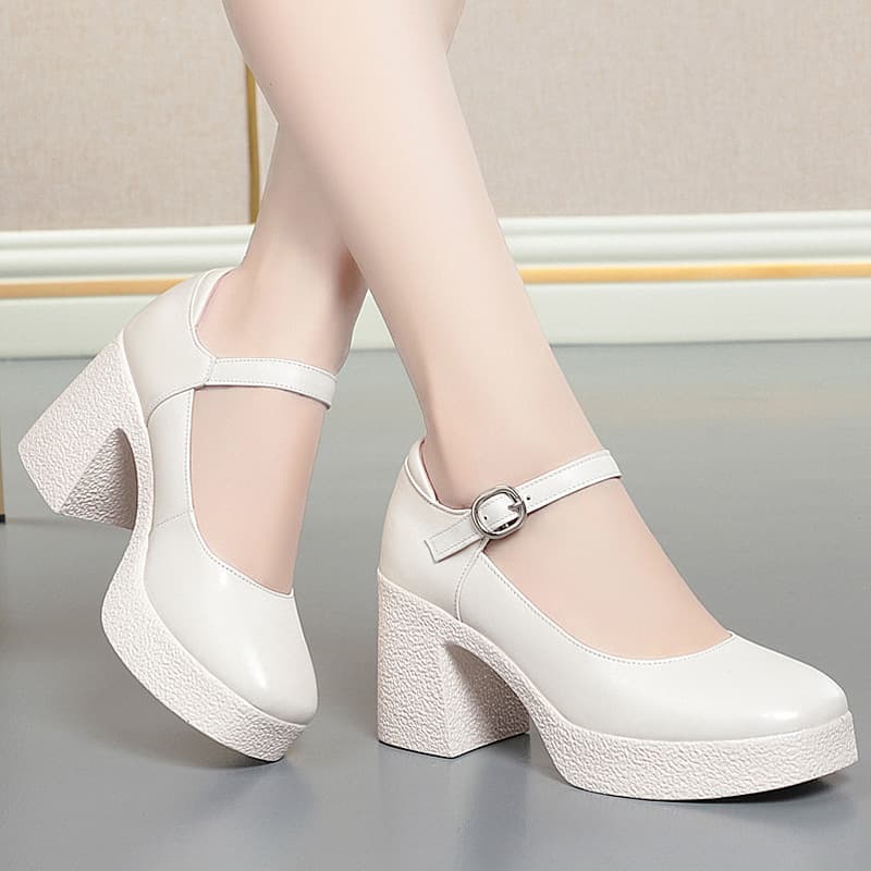 Genuine Leather Cheongsam Catwalk Stiletto Shoes Women's Soft Cowhide Chunky Heel Thick Platform Work Flats