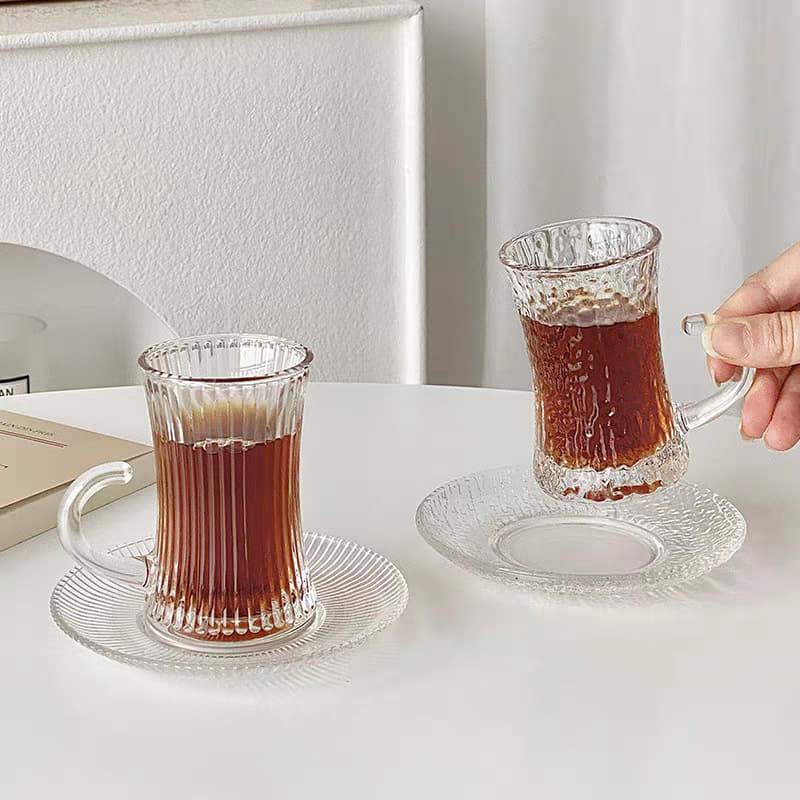 Turkish Coffee Glass Cup with Saucer Set, European Floral Tea Cup for Afternoon Tea, Small Cup with Saucer for Restaurant