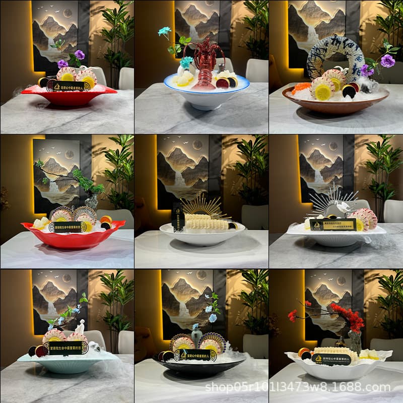 Melamine Salmon Sashimi Plate Commercial Seafood Sashimi Platter High-End Hotel Seafood Display Dry Ice Plate Tableware