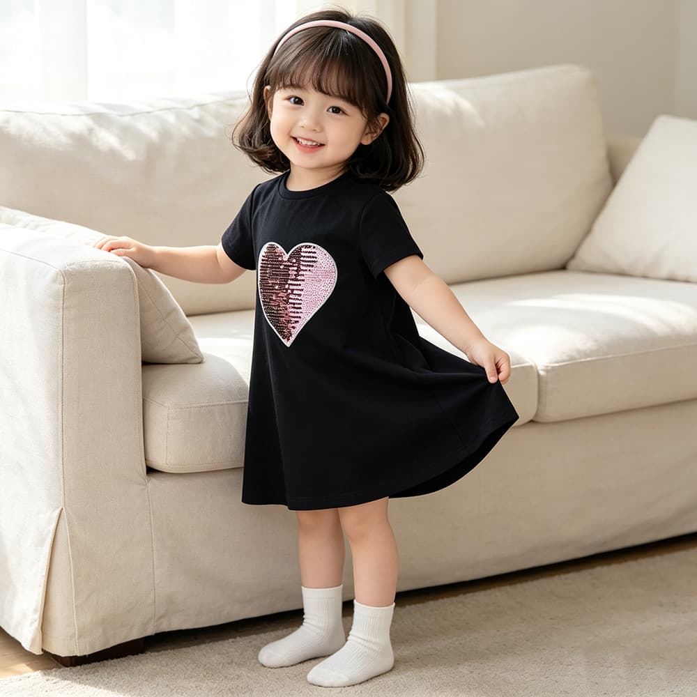 Girls Dress Summer Korean Cartoon Cotton Skirt Girls Solid Color Short Sleeve Children's Dress Children's Casual Skirt
