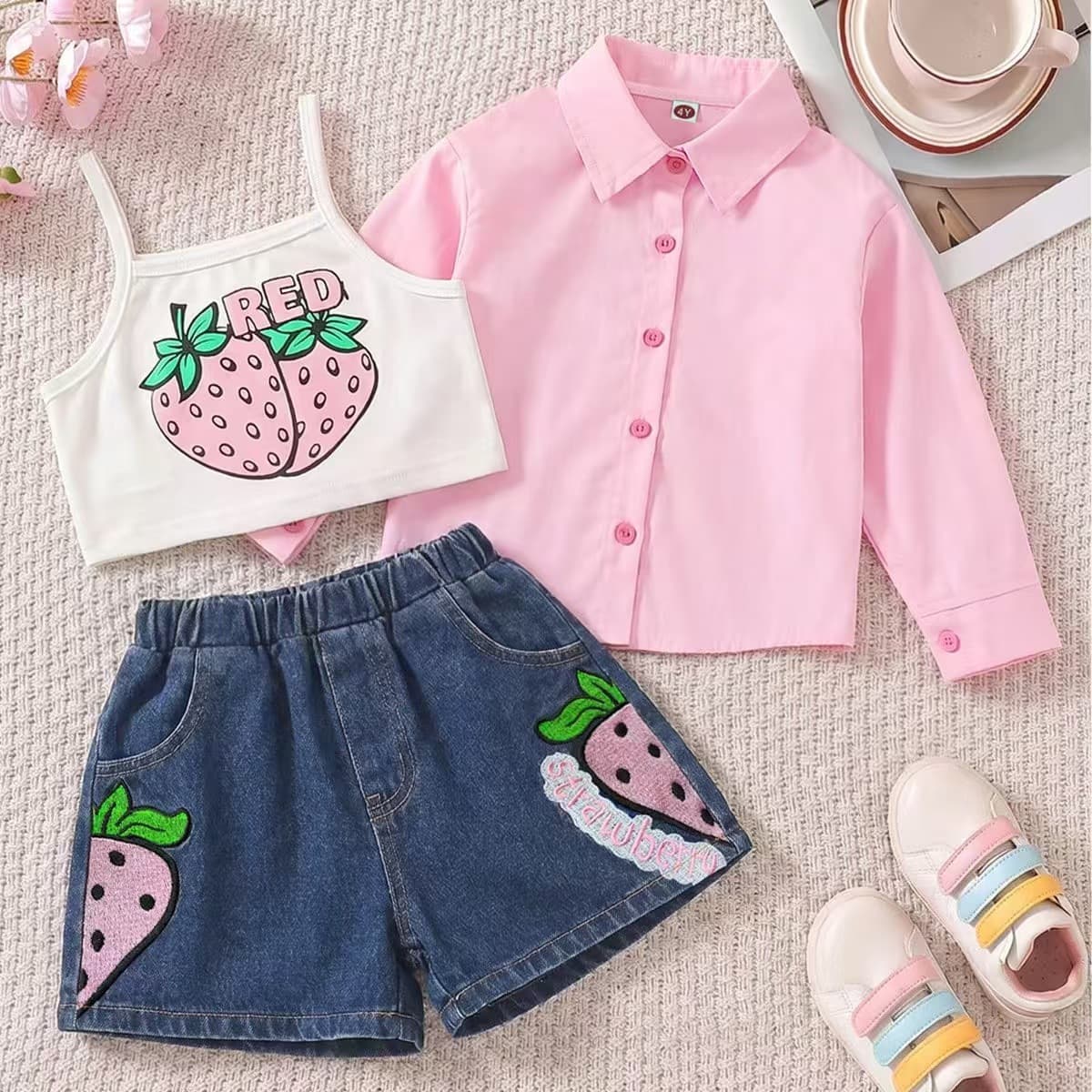 Kids clothing cross-border exclusive i lapel plaid shirt camisole jeans three-piece children's clothing set