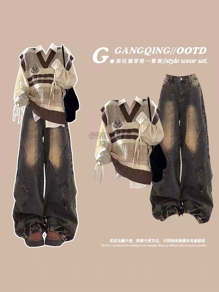 Two-Piece Set OOTD Cool and Chic Outfit College Style Set Maillard Early Autumn Women's Clothing 2025 Very Stylish