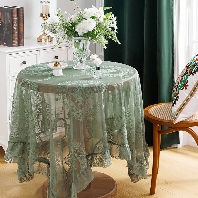 Green Lace Hollow Out Tablecloth with Lotus Leaf Edge Round Mirror Fresh Style Polyester New Chinese Style Dustproof Tablecloth