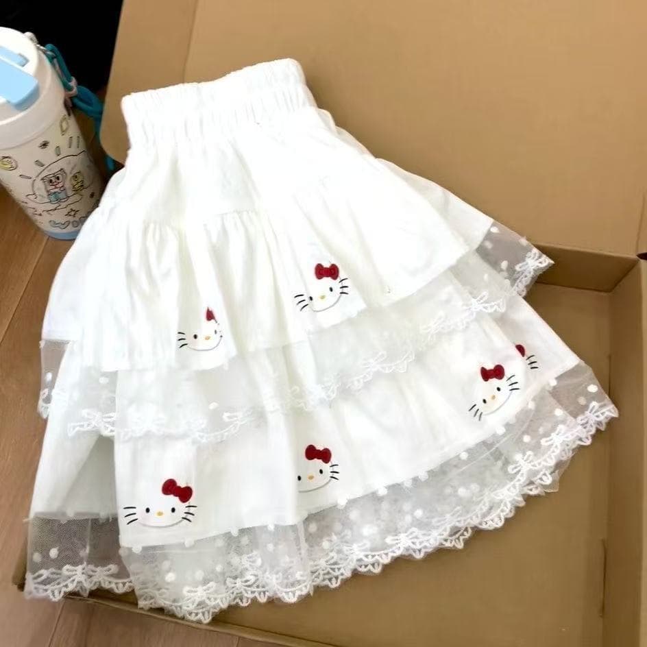 KittY Cat Ballet Sweet Girls Puff Skirt Cake Splicing Lace Summer New Medium and Large Children's Short Skirt