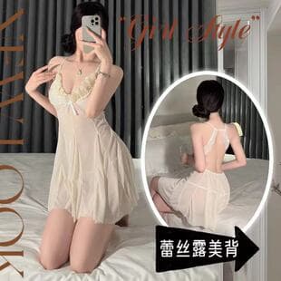 Qiaoduo Lace Milk Puff Fishing Deep V See-through Slip Dress Pure Desire Women's Lingerie Sexy Bare Back Exposed Butt T-back Set