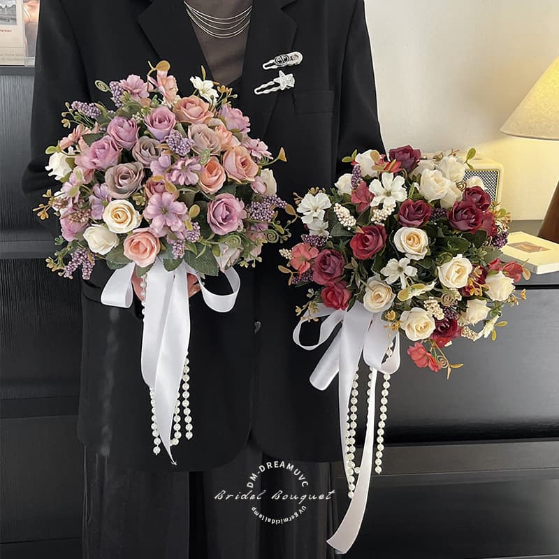 Premium Bridal Wedding Bouquet Artificial Roses Fake Flower Bouquet for Engagement, Marriage Registration, Photo Decoration