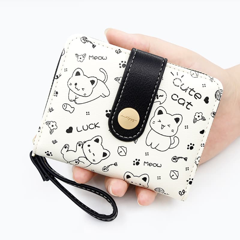 Simple Cute Cat Japanese Style Ladies Button Coin Pocket Handheld Strap Women's Multi-functional Short Wallet