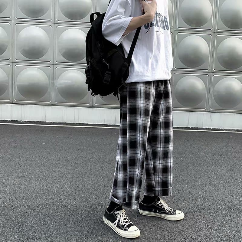 Spring/Autumn Thin Retro Plaid Pants for Men Straight Leg Loose Trendy Casual Pants Couple Style Sports 9/10 Length Pants