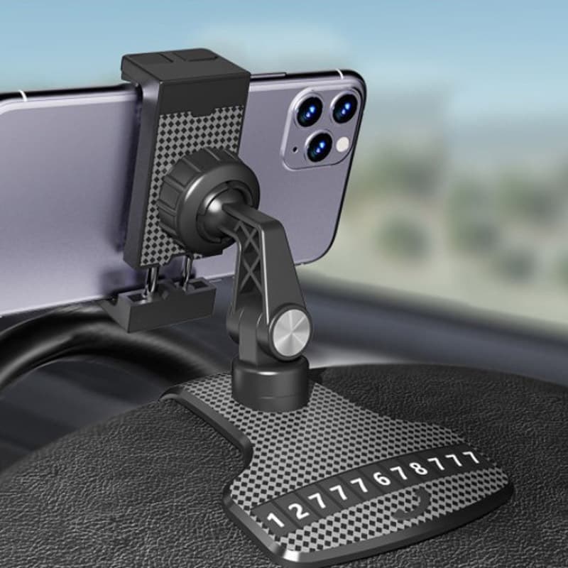 Look up at your phone to see the display: Center console navigation clip, multi-angle rotating adjustment joint, dashboard stretching clip