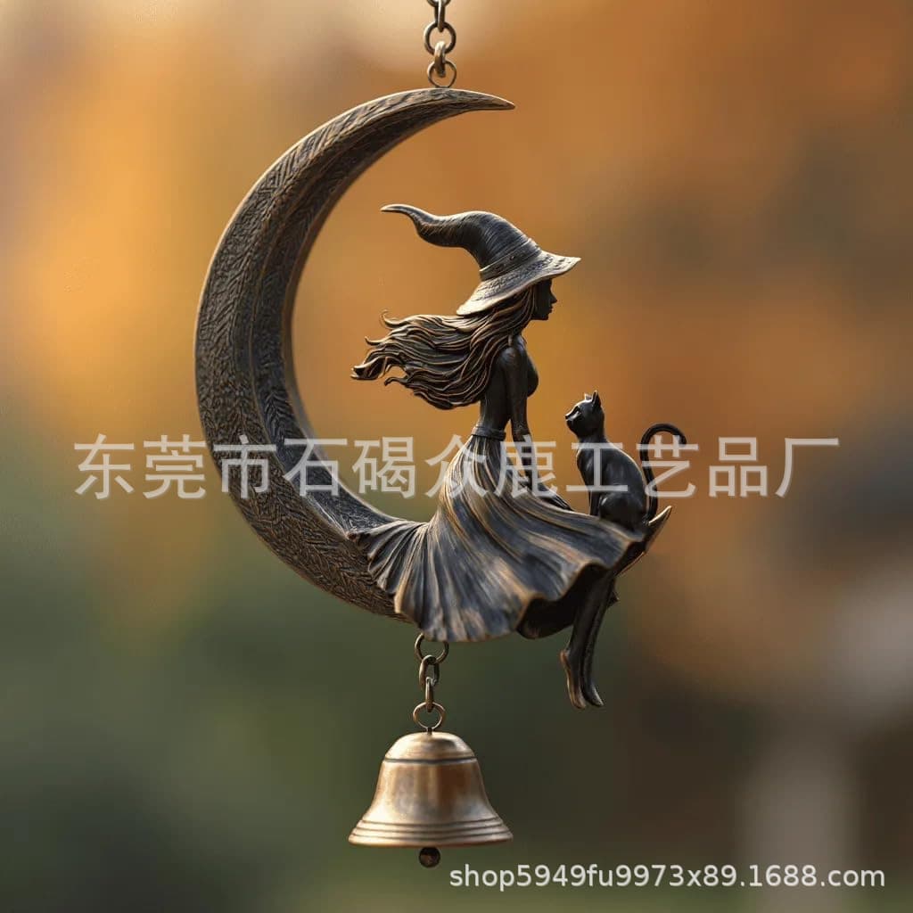 Spellbinding Witch & Black Cat Moon Bell Charm