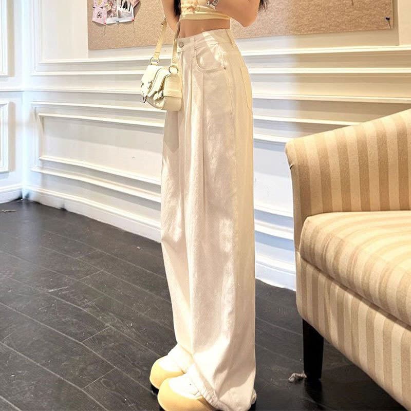 Women's Plus Size High-Waist White Straight-Leg Jeans, Wide-Leg Pleated Design, Loose Fit, Spring/Summer Floor-Length Pants