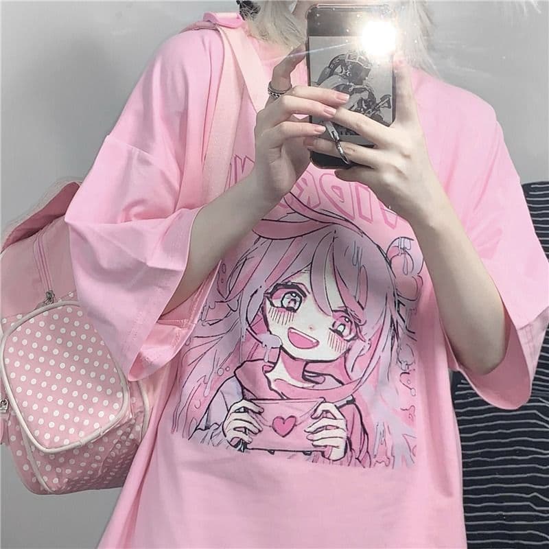 Summer Loose Fit T-Shirt for Women, Cartoon Pink Harajuku Style, Kawaii Casual Top, Ulzzang Retro T-Shirt