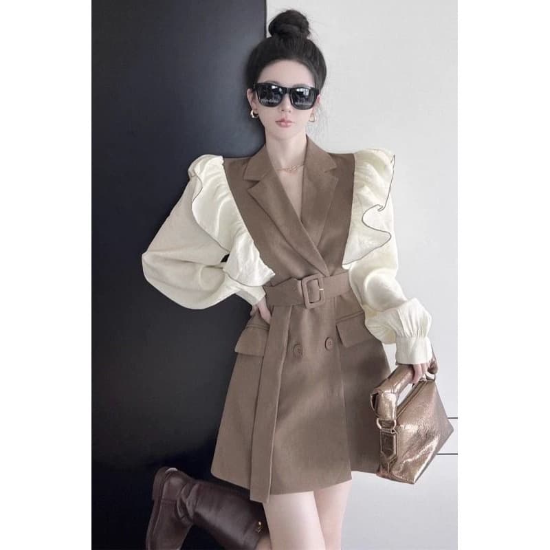 Audrey Hepburn-inspired little black dress, sophisticated French style, ruffled waist, fitted suit dress, long sleeves, fitted waist, short skirt, autumn.