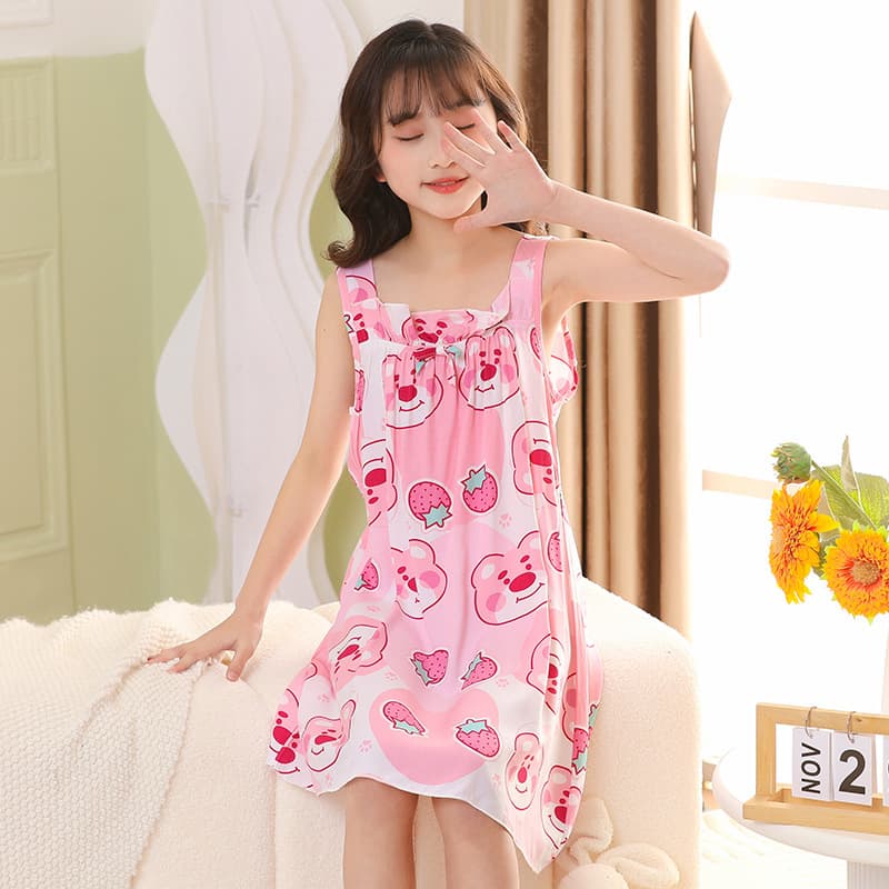 Girls nightgown cotton silk summer thin children's ice silk suspender pajamas girl summer princess dress big children home dress