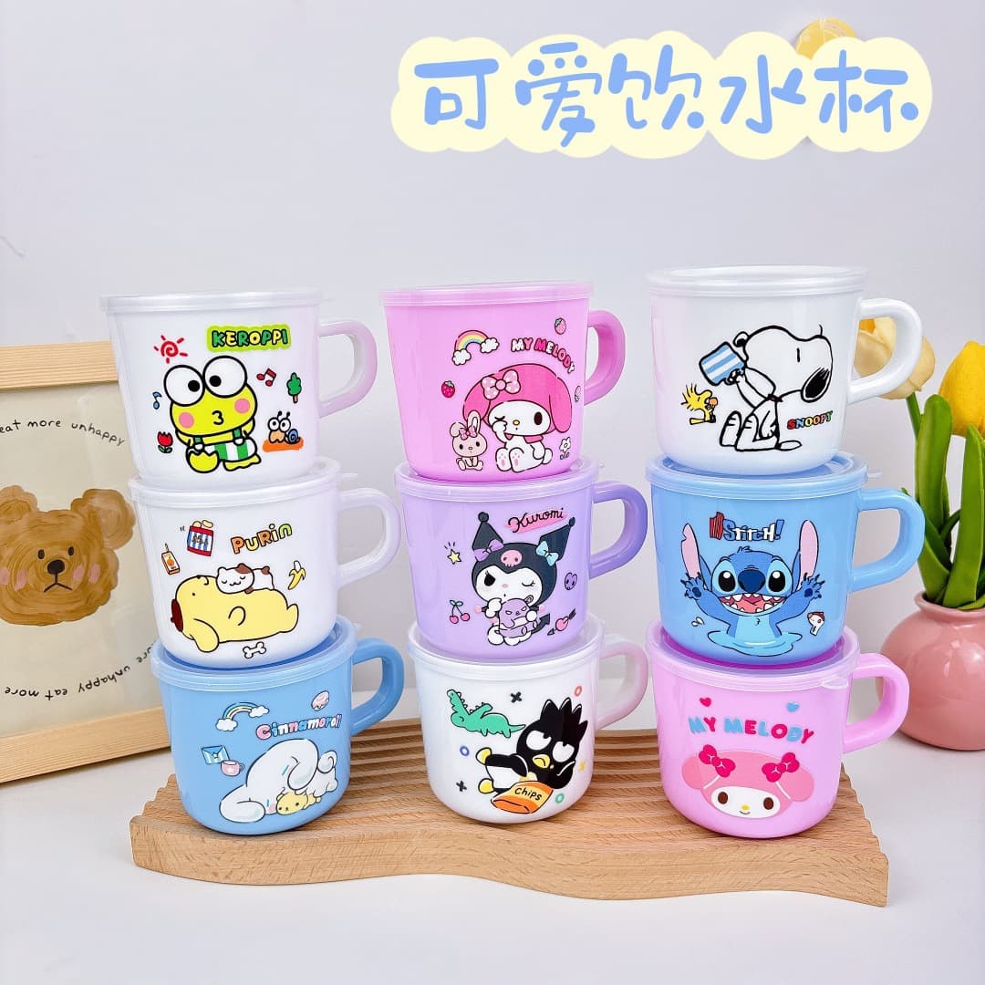 Kids Handle Water Cup Kindergarten Drinking Cup Stitch Kuromi with Lid Cartoon Milk Cup Beverage Cup
