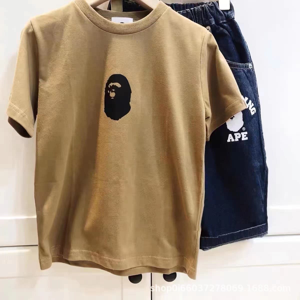 Trendy Kids Ins Japanese Summer Short Sleeve Top Unisex T-Shirt Khaki Pure Cotton