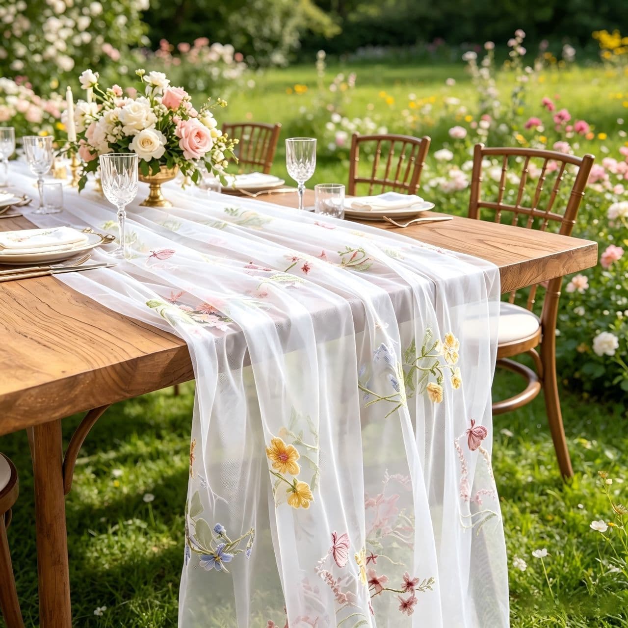 2026 New Fresh Mesh Flower Butterfly Embroidery Table Flag Soft Mesh Lace Mesh Fabric Embroidered Fabric