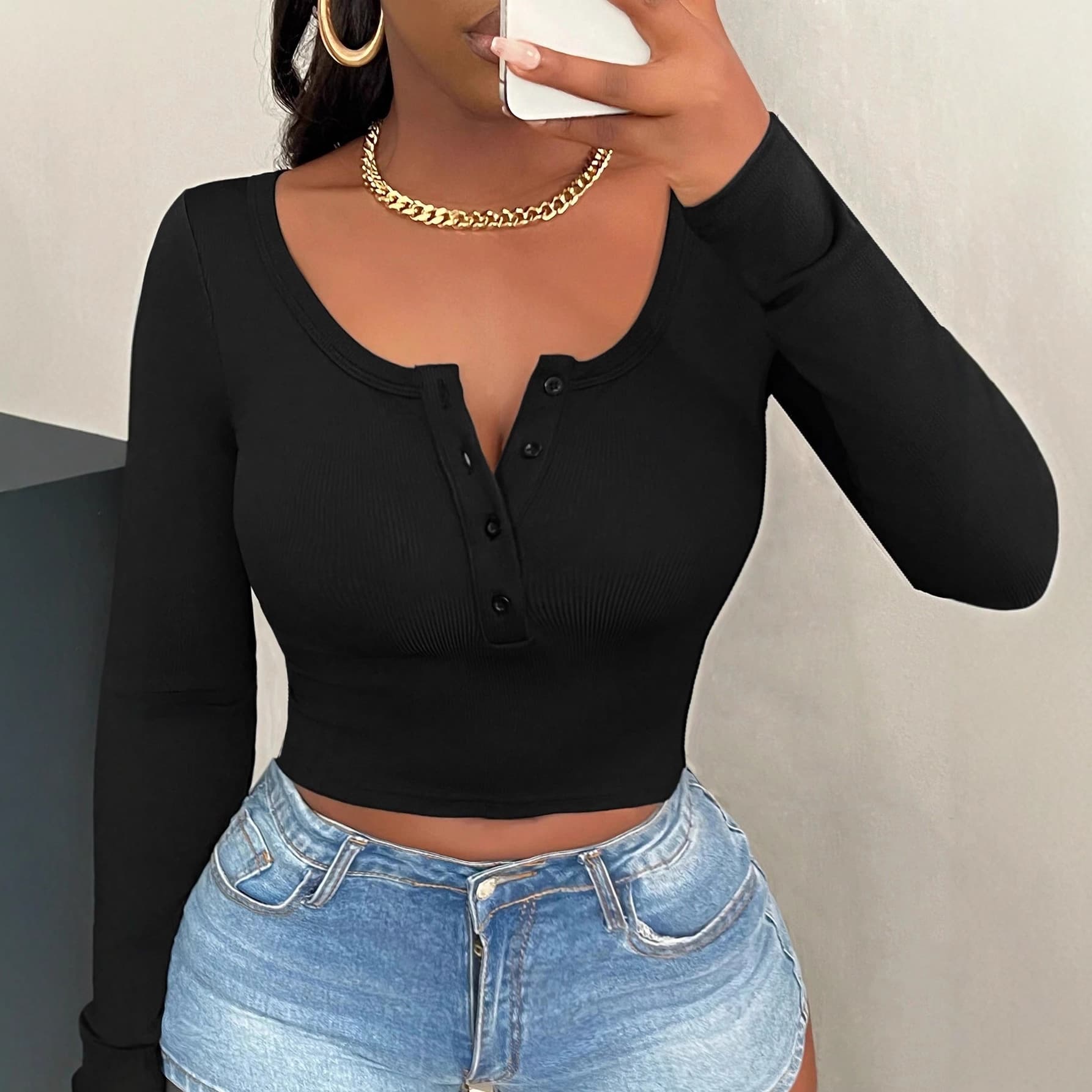 Cross-border 2025 New Arrival European and American Fashion Women's Y2K Top Long Sleeve Solid Color Button Crop T-Shirt