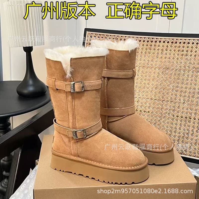 UGG New Thick Sole High-Top Knight Rider Wool Boots with Leather Buckle, Sheepskin and Wool Integrated Iron Buckle Women's Snow Boots Winter Style